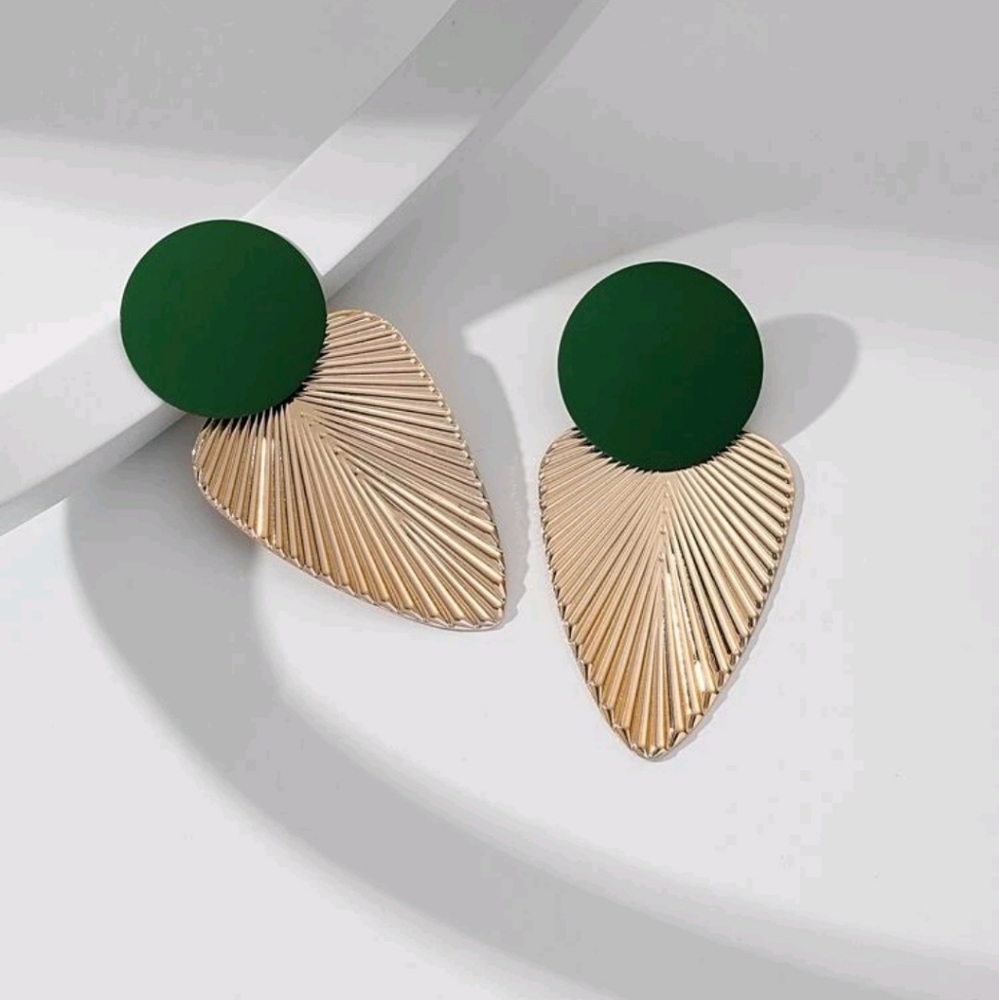 Geometric Green Gold Toned Drop Earrings